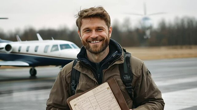 Smiling Pilot Holding Flight Logbook with Airplane Background
