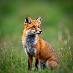 Wild red fox sits in Swiss meadow. Animal portrait shows detail of fur, expression. Focus on wildlife in nature. Beautiful image perfect for eco tourism nature photography. Capture of fox in natural