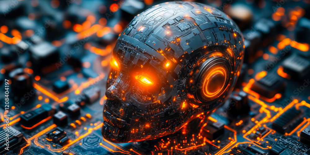 Poster futuristic ai skull device on circuit board illustrating local data processing technology