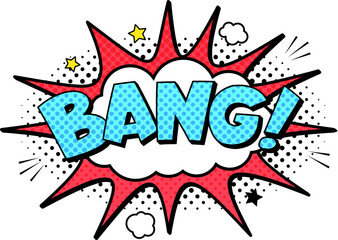 Comic book explosion with the word bang making a sudden loud noise with a burst of smoke and halftone dots, suitable for comics, cartoons and graphic novels
