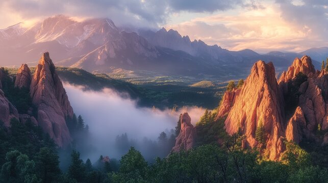 Sunrise over Colorado's Garden of the Gods, misty valley, mountain range backdrop, travel poster