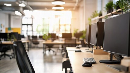 Fototapeta premium Modern Office Interior with Computer Desks and Natural Light