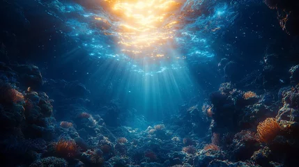 Fototapete Rund Sunbeams illuminate underwater coral reef scene. © AwieDarwis