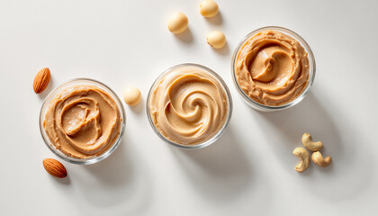 Almond, Cashew, and Macadamia Nut Butters in Small Bowls: Homemade, Protein-Rich, and Healthy Snack Options on White Ceramic Surface