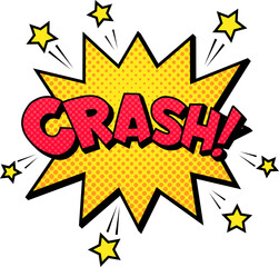 Comic book explosion with the word crash exploding from a yellow star shape with red letters and yellow stars surrounding it on a white background © WinWin