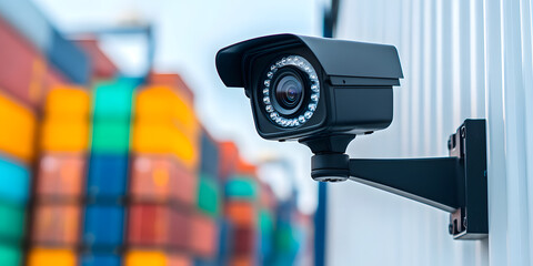Security camera mounted on a wall, overlooking a shipping container yard. Ensuring safety and monitoring activity in the area.