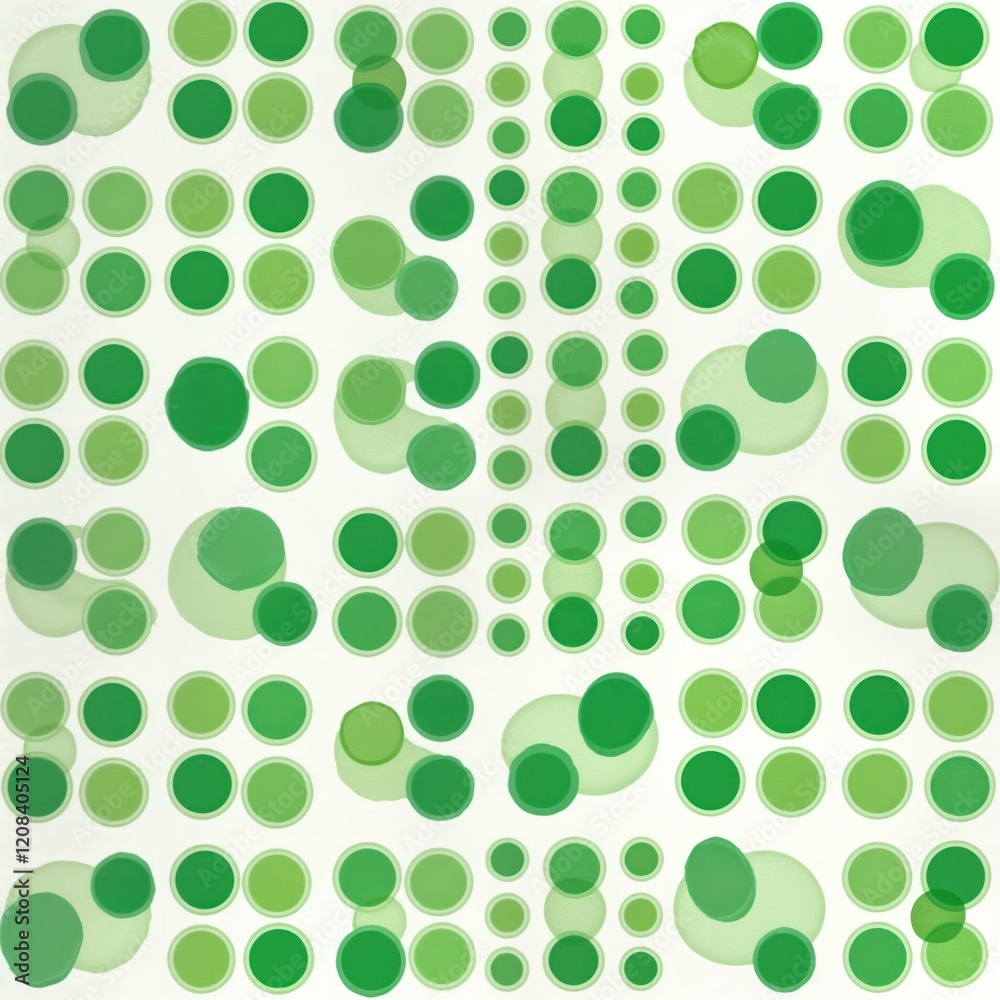 Poster abstract seamless pattern with various sizes, shades of green circles on white background. circles a