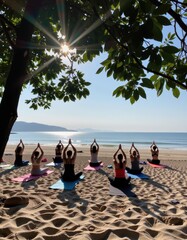 Group yoga session on a sunny beach with a serene ocean view in the morning
