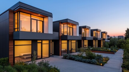 Obraz premium Modern townhouses with large windows and warm lighting, surrounded by greenery at dusk.