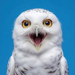 Obraz premium Shocked polar owl with open mouth on a blue background. Generated AI