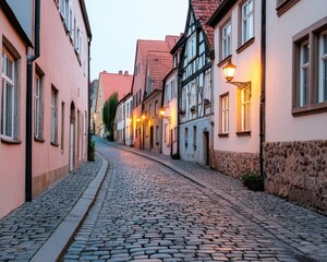 Fototapeta premium A quaint, cobblestone street lined with charming houses, illuminated by warm street lamps at dusk.