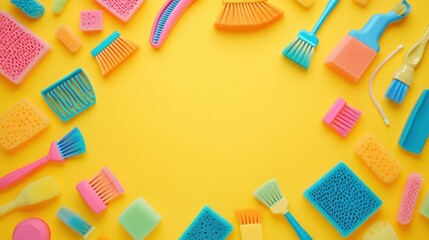 Colorful cleaning supplies frame on yellow background