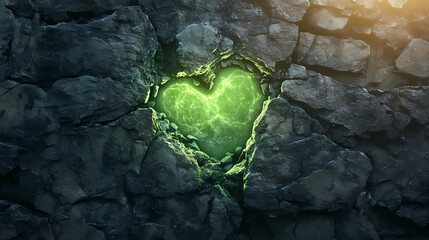 A fissure in a rock wall exudes a radiant green glow from its heart. Radiant Sun. Illustration