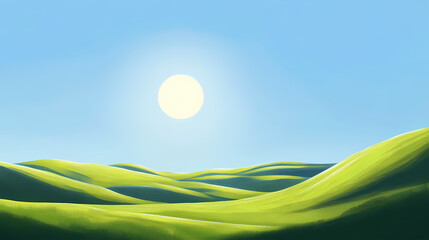 Obraz premium A radiant blue summer sky with a bright sun shining down on a rolling hill covered in a blanket of green grass, rolling hills, landscape photography, nature photography. Radiant Sun. Illustration