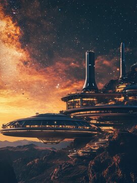 An exo planet base with modern facilities under a beautiful star-filled sky, sharp details, high quality