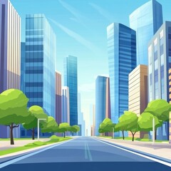 Obraz premium City buildings vector flat cartoon background for web banner, business center, or shopping mall with glass windows and modern architecture buildings on a street road in a sunny day