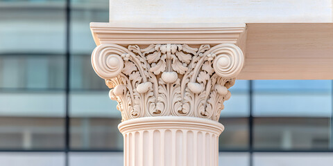 Intricate details of a classical column capital, showcasing elegant carvings and architectural design.