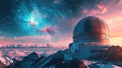 Obraz premium Outside view on a giant space observatory with vivid galaxies and nebulas in the distance on back, cinematic style