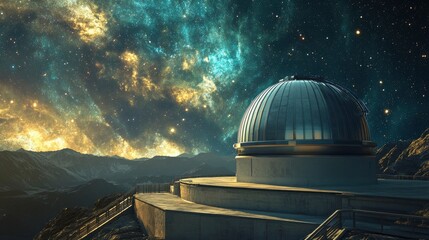 Fototapeta premium Outside view on a giant space observatory with vivid galaxies and nebulas in the distance on back, cinematic style