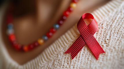 Woman wearing red ribbon for aids hiv awareness and support