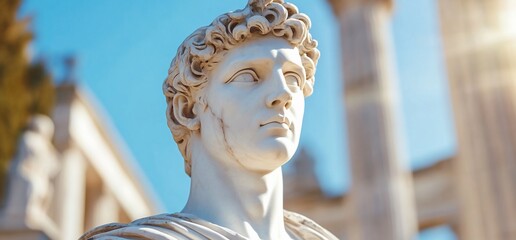 Roman bust, sunny day, ancient ruins background, history