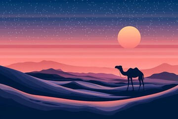 A serene desert landscape at sunset, with tall sand dunes and a single camel in silhouette.