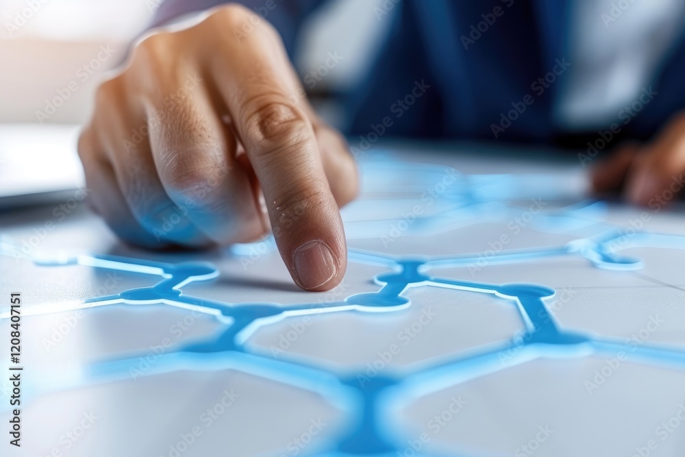 Poster touching a digital interface with interconnected patterns.