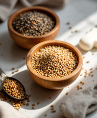 Chia, Flax, and Hemp Seeds in Wooden Bowls: Heart-Healthy Nutrition and Digestive Wellness on White Surface