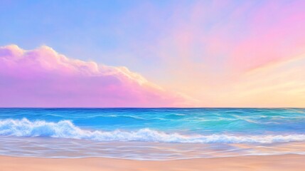 Fototapeta premium Pastel sunset over ocean beach; calm waves. Vacation postcard