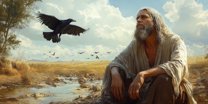 Elijah in the Drought: A Realistic Portrait of the Prophet Sitting by a Nearly Dry Creek, Surrounded by Parched Earth and Ravens, Symbolizing Divine Providence