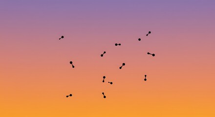 Obraz premium Vibrant smooth gradient background transitioning from purple to orange with scattered abstract minimalist dark molecular shapes, concept for data visualization, modern design and technological