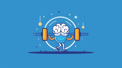 Brain Lifting Weights Cartoon Icon on Blue Background
