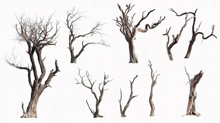 Obraz premium Isolated Dry Trees with Twisted Branches on White Background