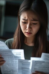 A woman holds a bunch of papers in her hands, possibly preparing for an important task or meeting
