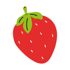 Red ripe strawberry with seeds and green leaf on white background in flat style.Isolated fresh strawberry icon