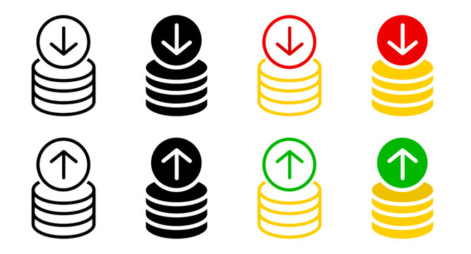 Coin stack with arrow up and down icon. Price up sign. Cent coin graph symbol. Money cost arrow growth, decline illustration. Currency investment pictogram.