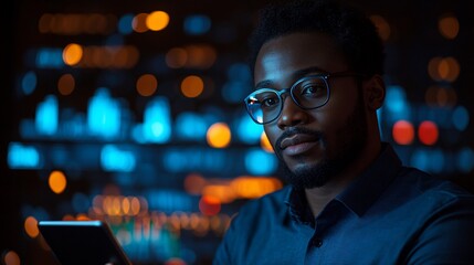 Focused young man using tablet in dark room.