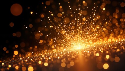 Golden sparkle particles burst against black backdrop. Mesmerizing bokeh glitter explosion. Radiant, dazzling display. Enchanted cosmic display. Festive celebration glamorous event. Ideal for