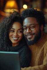 A couple sitting together, reviewing information on a laptop
