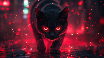 Black cat walking with glowing red eyes in a dark city street