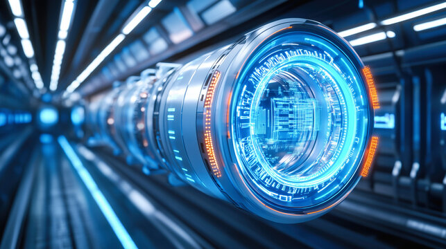 Futuristic engine glowing with blue and orange lights in spaceship corridor