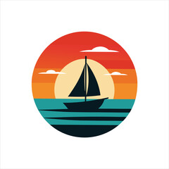 Boat Sailing at Sunset Silhouette on Retro Vintage Background