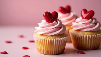 Glossy Pink Cupcakes with Heart Decorations and Red Highlights Against a Vibrant Pink Background