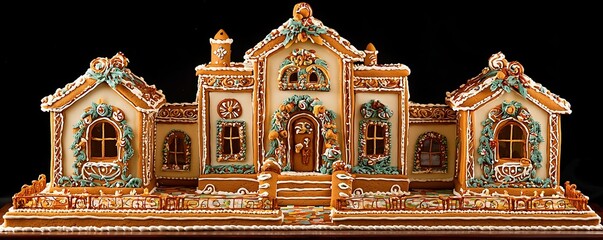 Festively decorated gingerbread house with intricate icing designs
