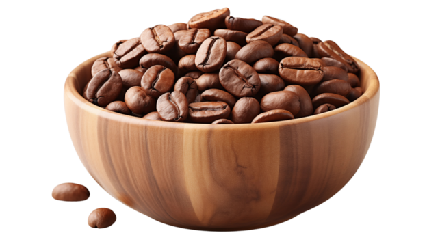 Rustic wooden bowl filled with freshly brewed coffee, representing warmth and artisanal vibes, studio view, isolated on transparent background.