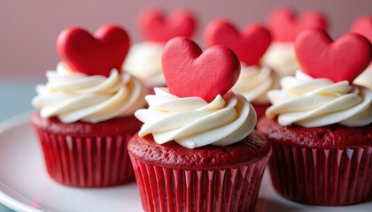 Red Velvet Cupcakes with Creamy Frosting and Heart Decorations: A Delightful Sweet Treat