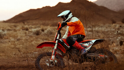 Motocross racer rides through the desert.