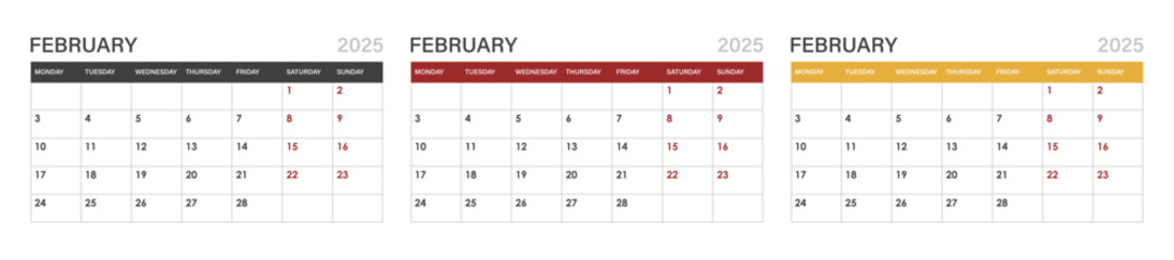 Calendar for February 2025. set of calendars for February.