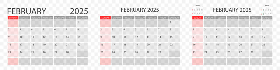 Calendar for February 2025. set of calendars for February.