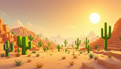 A 3D rendering of a desert scene, featuring a variety of cacti and shrubs in a low-poly style. Pixel art background, pixel art wallpaper